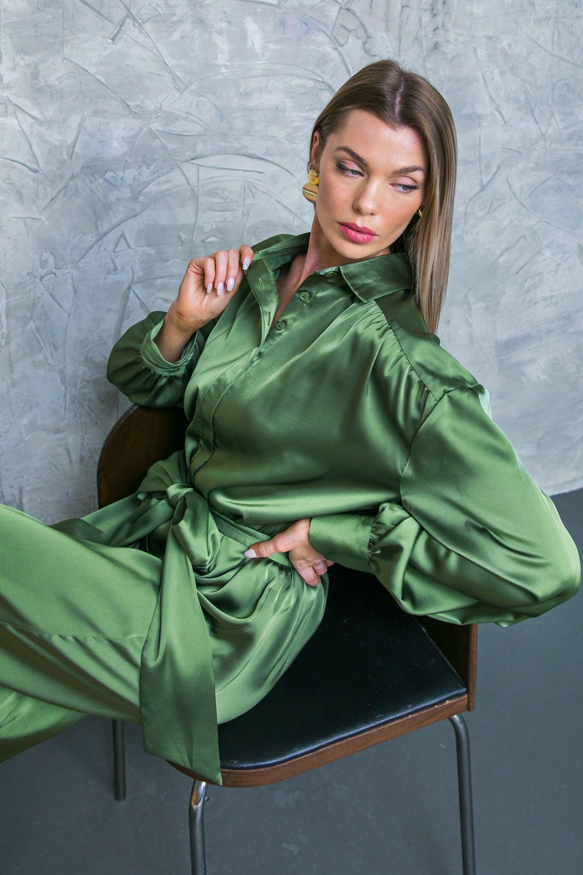 Like Fine Art Satin Jumpsuit With Shirt Collar And Self Tie Belt Wide Leg