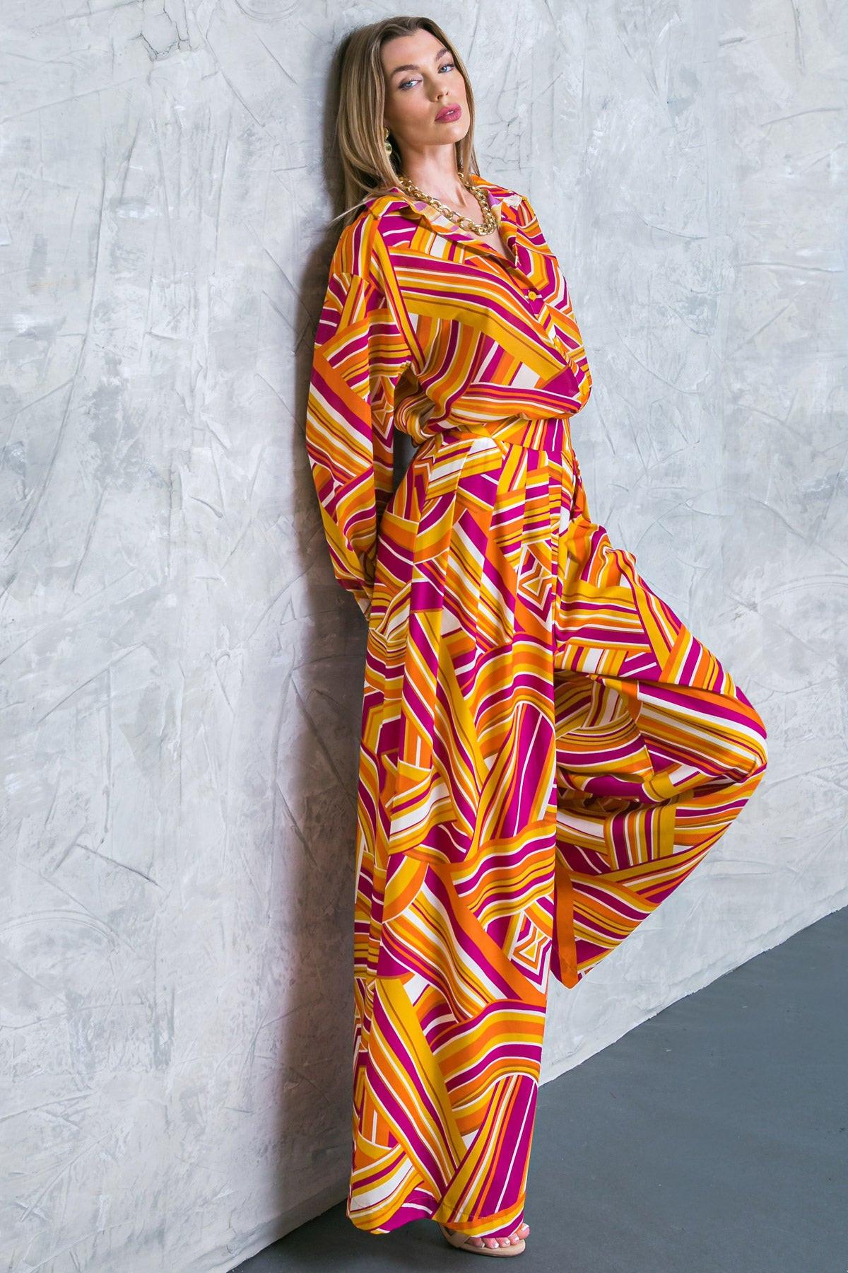 Lively Cham Printed Woven Pants With Pleated Front And Side Zip Closure