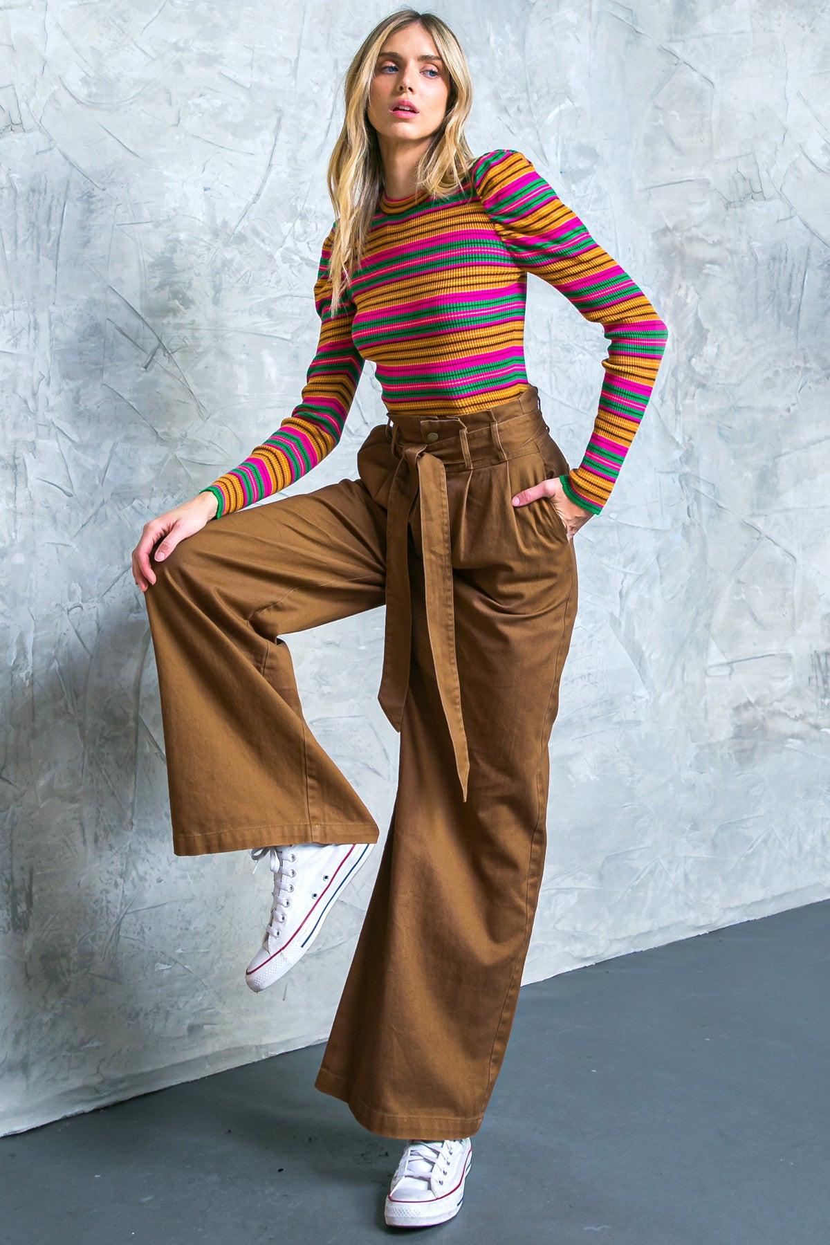 Big Moment Twill Pants High Waisted Paperbag Waist With Self Belt Wide Leg