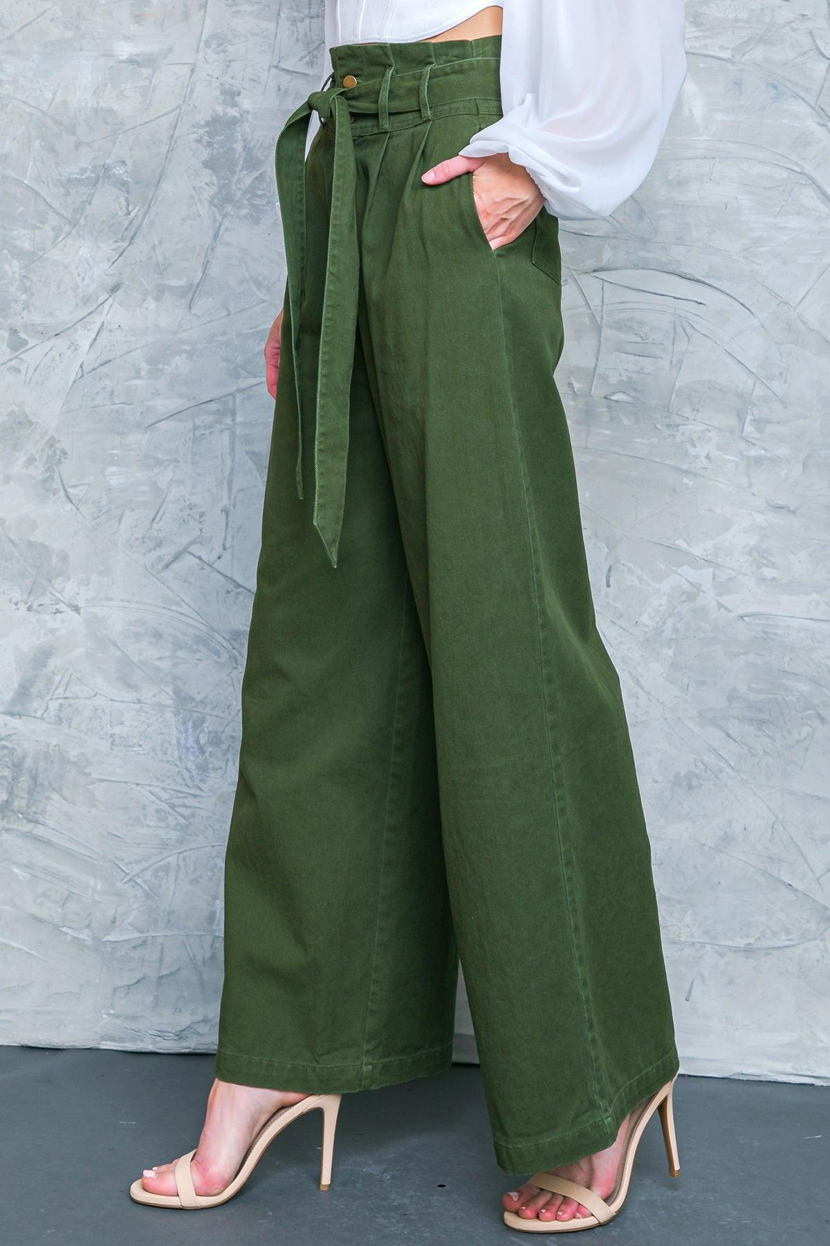 Big Moment Twill Pants High Waisted Paperbag Waist With Self Belt Wide Leg