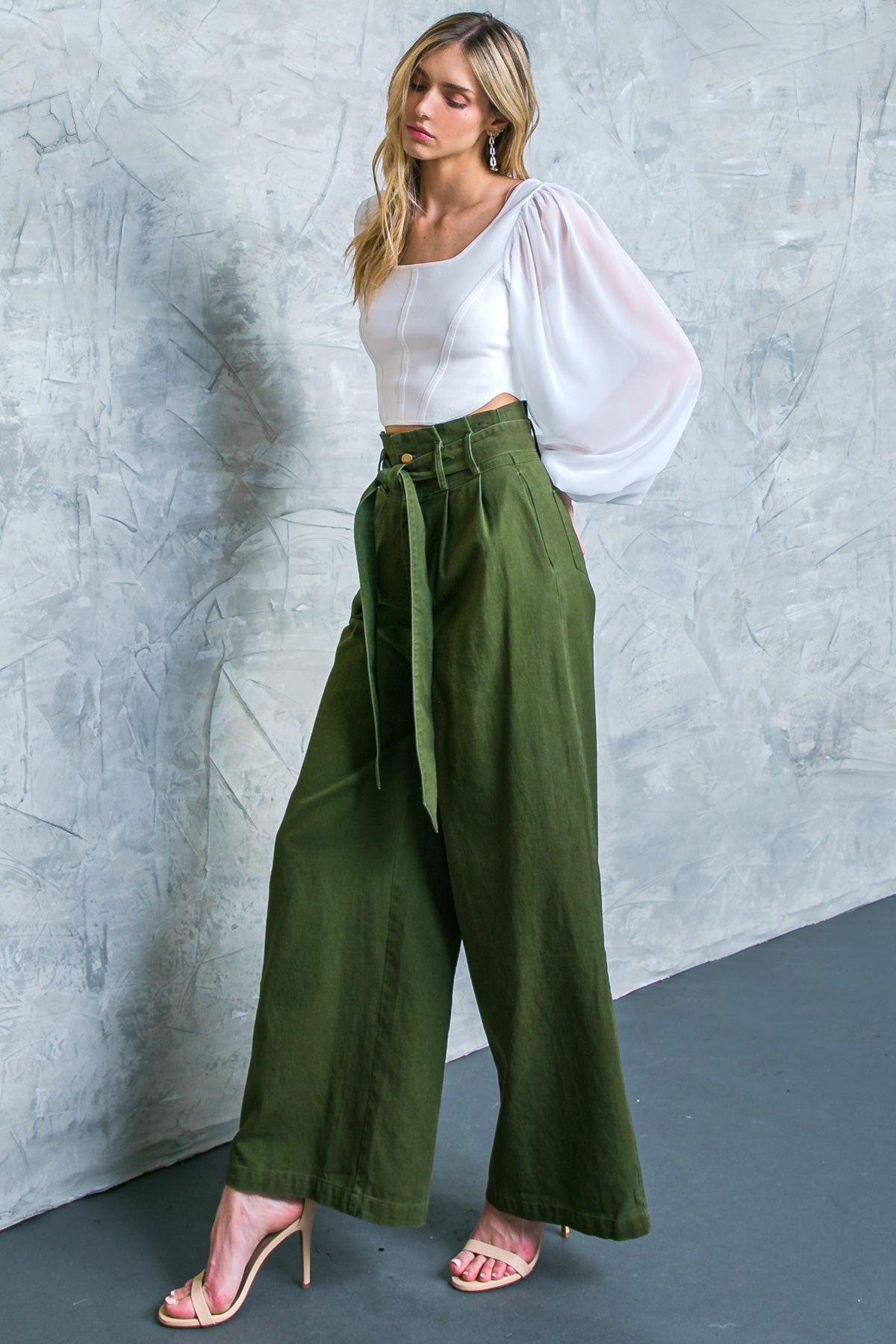 Big Moment Twill Pants High Waisted Paperbag Waist With Self Belt Wide Leg