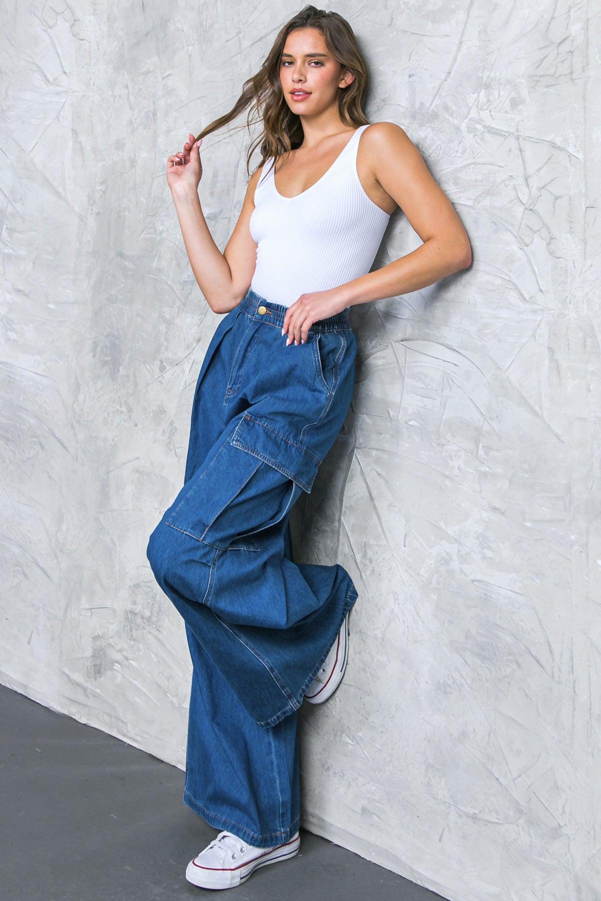 All The Buzz Washed Denim Pants With Cargo Pockets Wide Leg And Elastic Waist