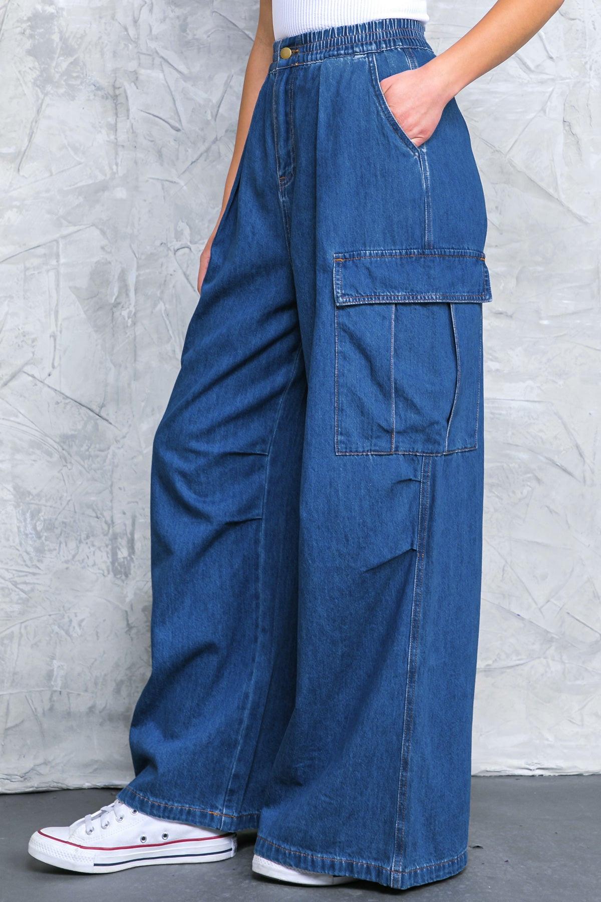 All The Buzz Washed Denim Pants With Cargo Pockets Wide Leg And Elastic Waist