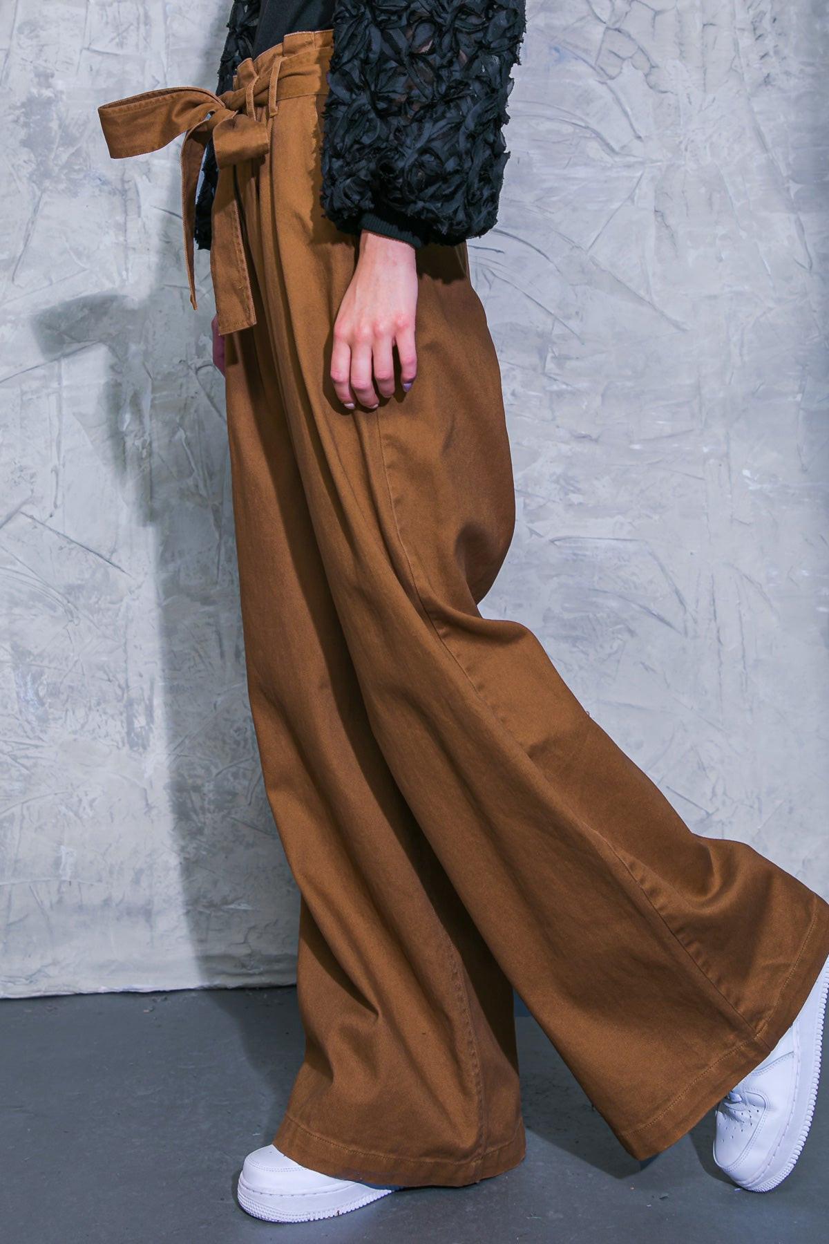 Thriving Weekend Twill Pants With High Waist Self Sash Belt And Wide Leg Pockets