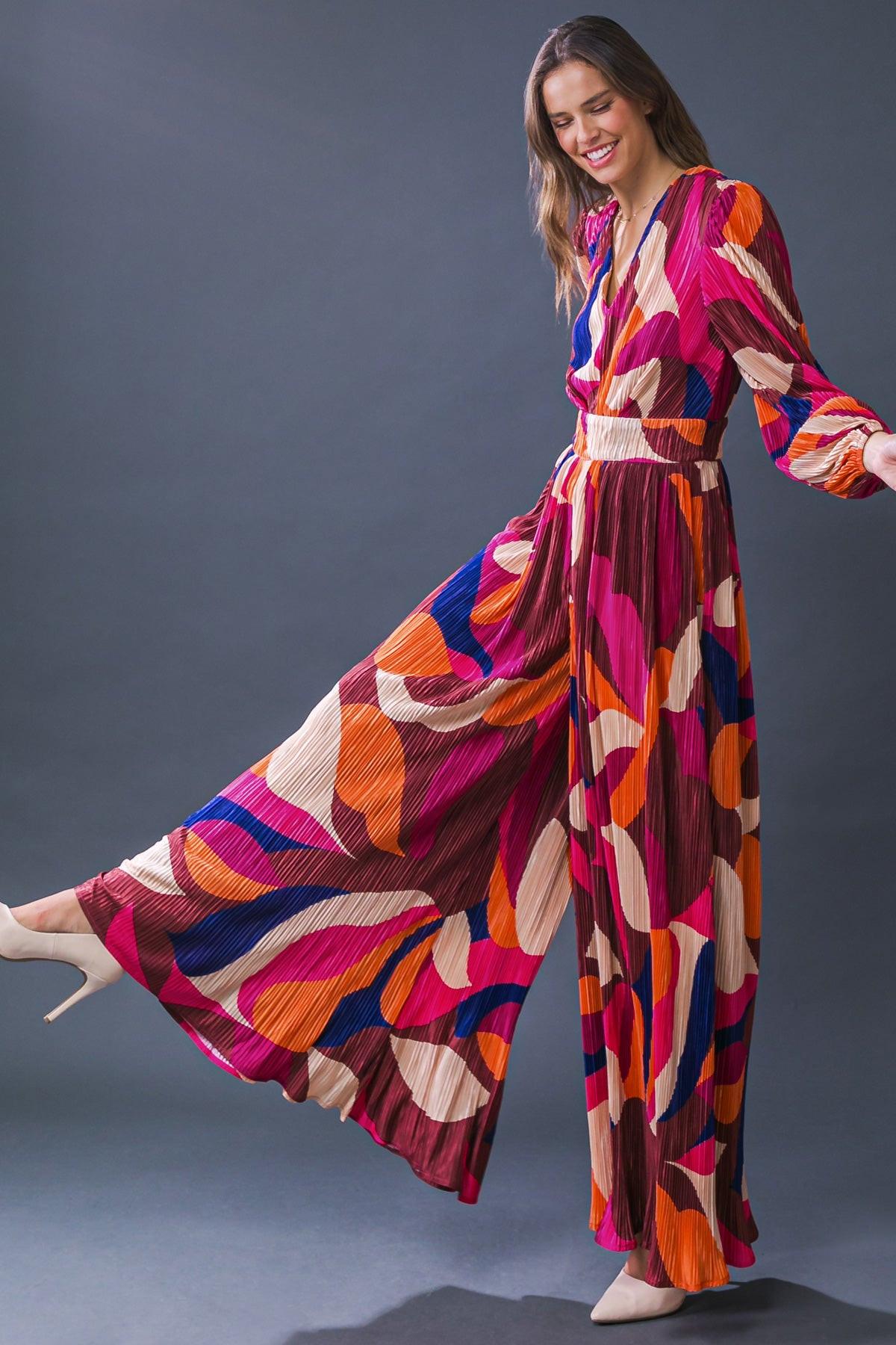 Set A Trend Printed Plisse Jumpsuit With V Neckline Back Zipper For Night Out