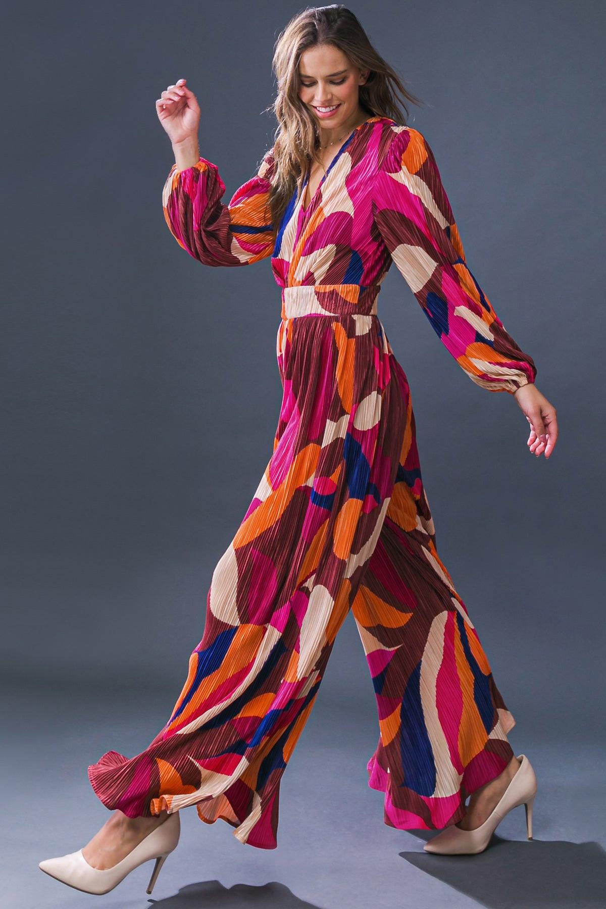 Set A Trend Printed Plisse Jumpsuit With V Neckline Back Zipper For Night Out