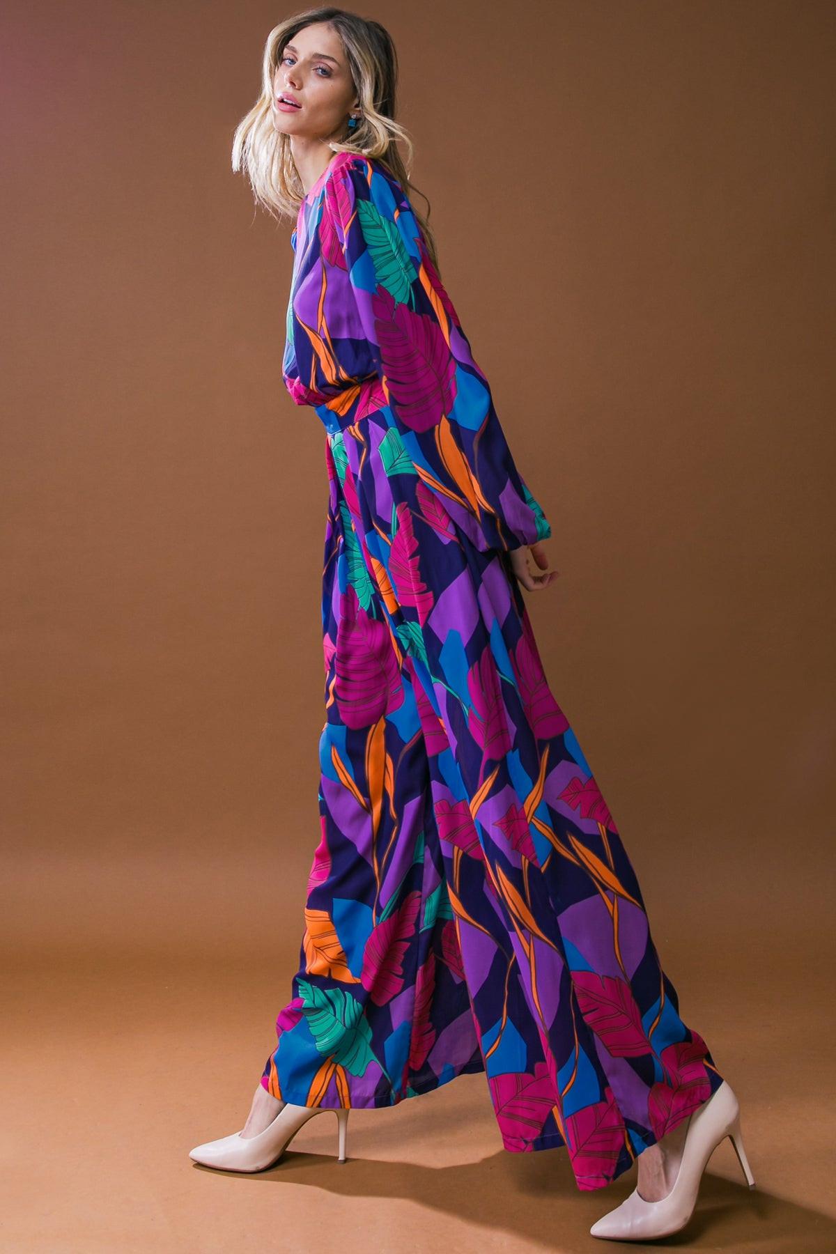 Woven Jumpsuit With Round Neckline Front Pant Pleat And Wide Leg Back Zipper