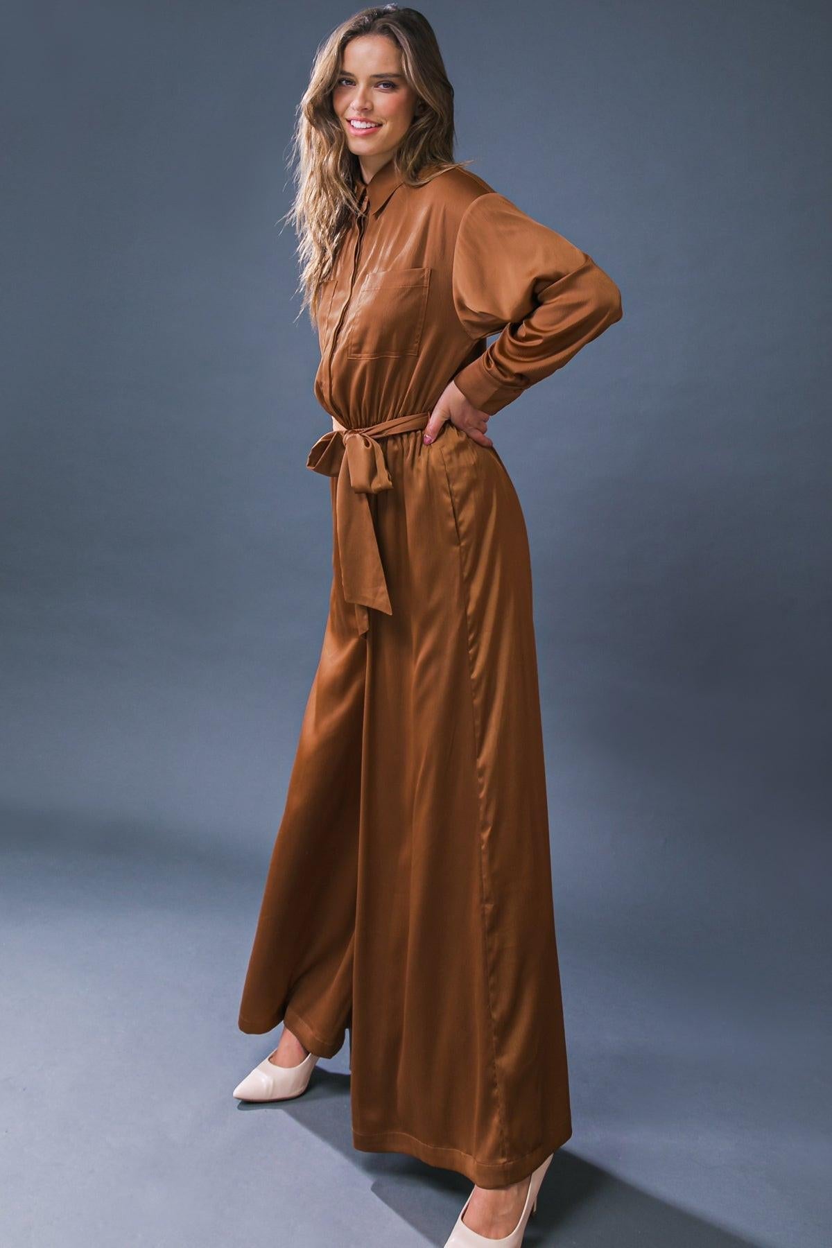 Simply Trendy Solid Woven Jumpsuit With Shirt Collar And Self Tie
