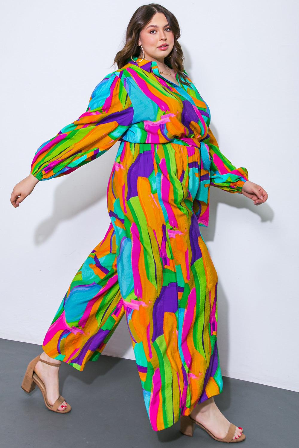 All My Heart Woven Jumpsuit With Shirt Collar Blouson Sleeves And Wide Leg