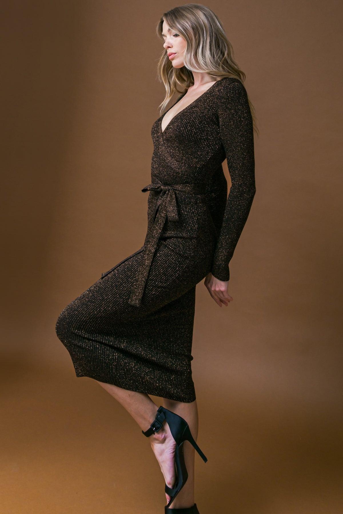 Forever Impressed Sweater Midi Dress Metallic Knit With Surplice Neckline