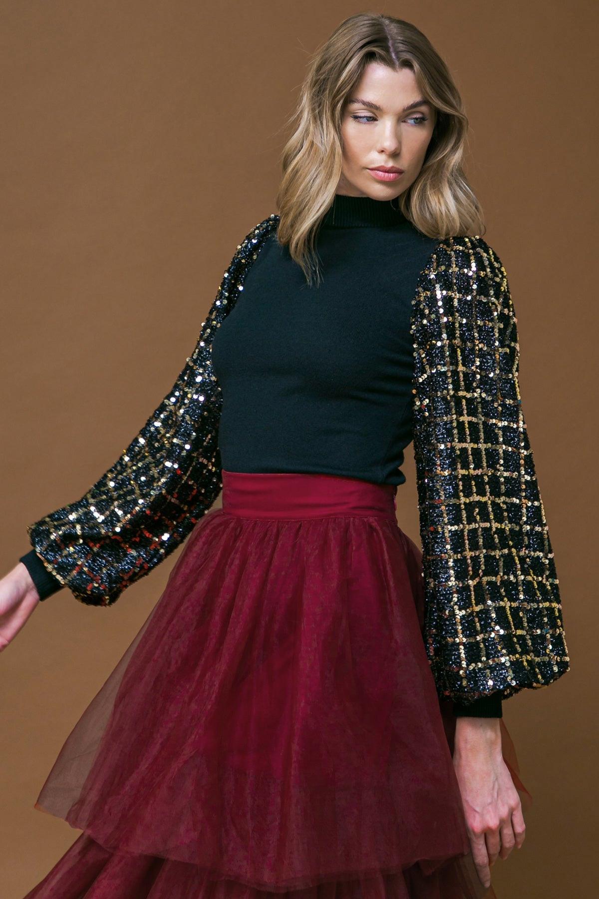 Party Tomorrow Night Mock Neck Knit Top With Sequin Sleeves