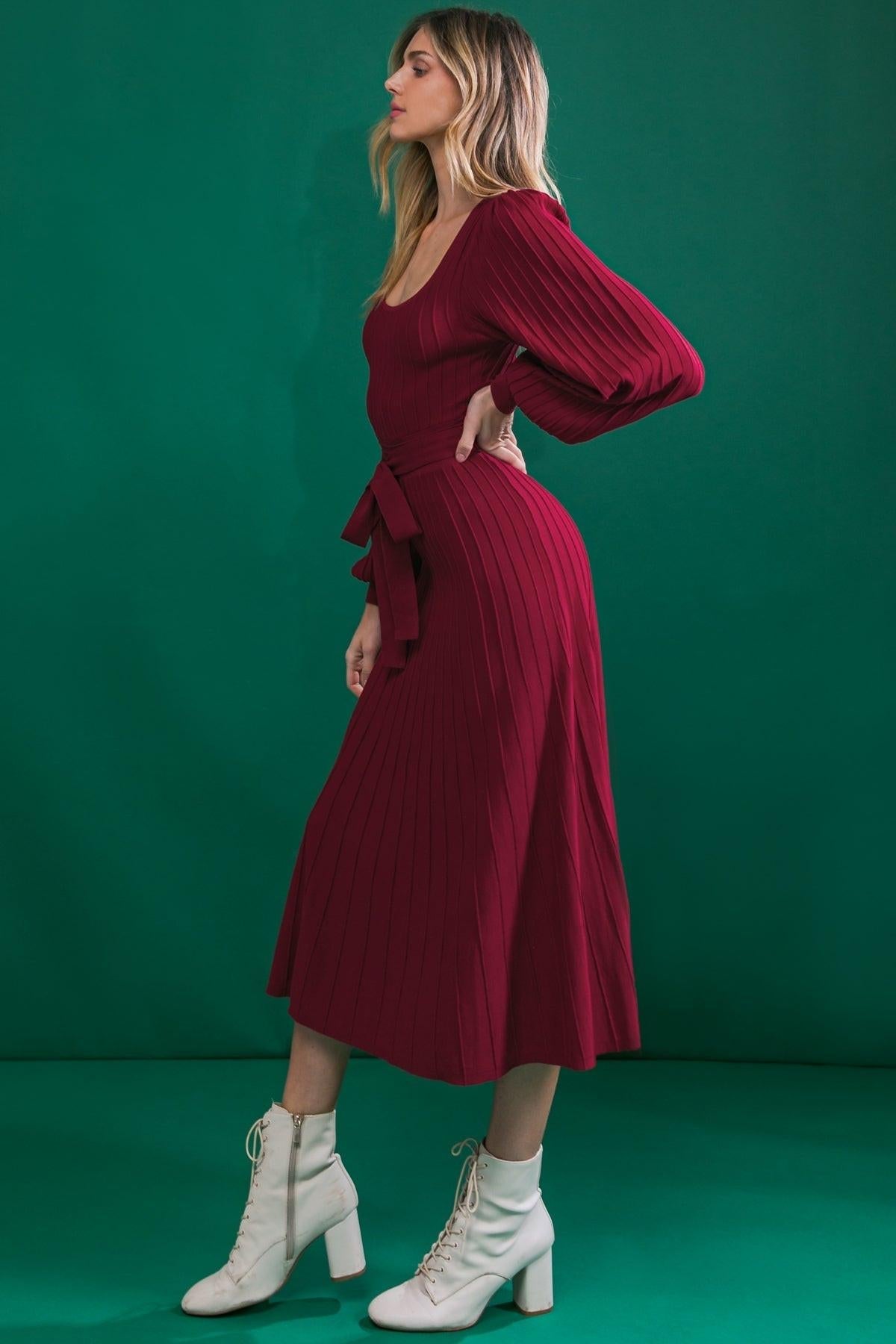 Keep Looking Up Sweater Midi Dress With U Neck And Self Sash Tie