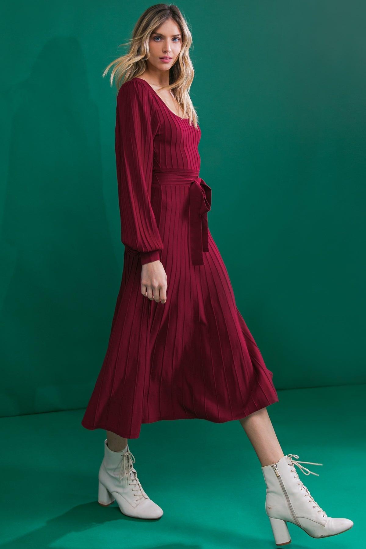 Keep Looking Up Sweater Midi Dress With U Neck And Self Sash Tie
