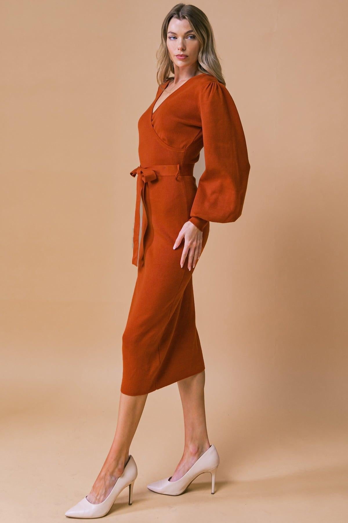 Adorable Ideal Sweater Midi Dress With Surplice Neckline Blouson Sleeves