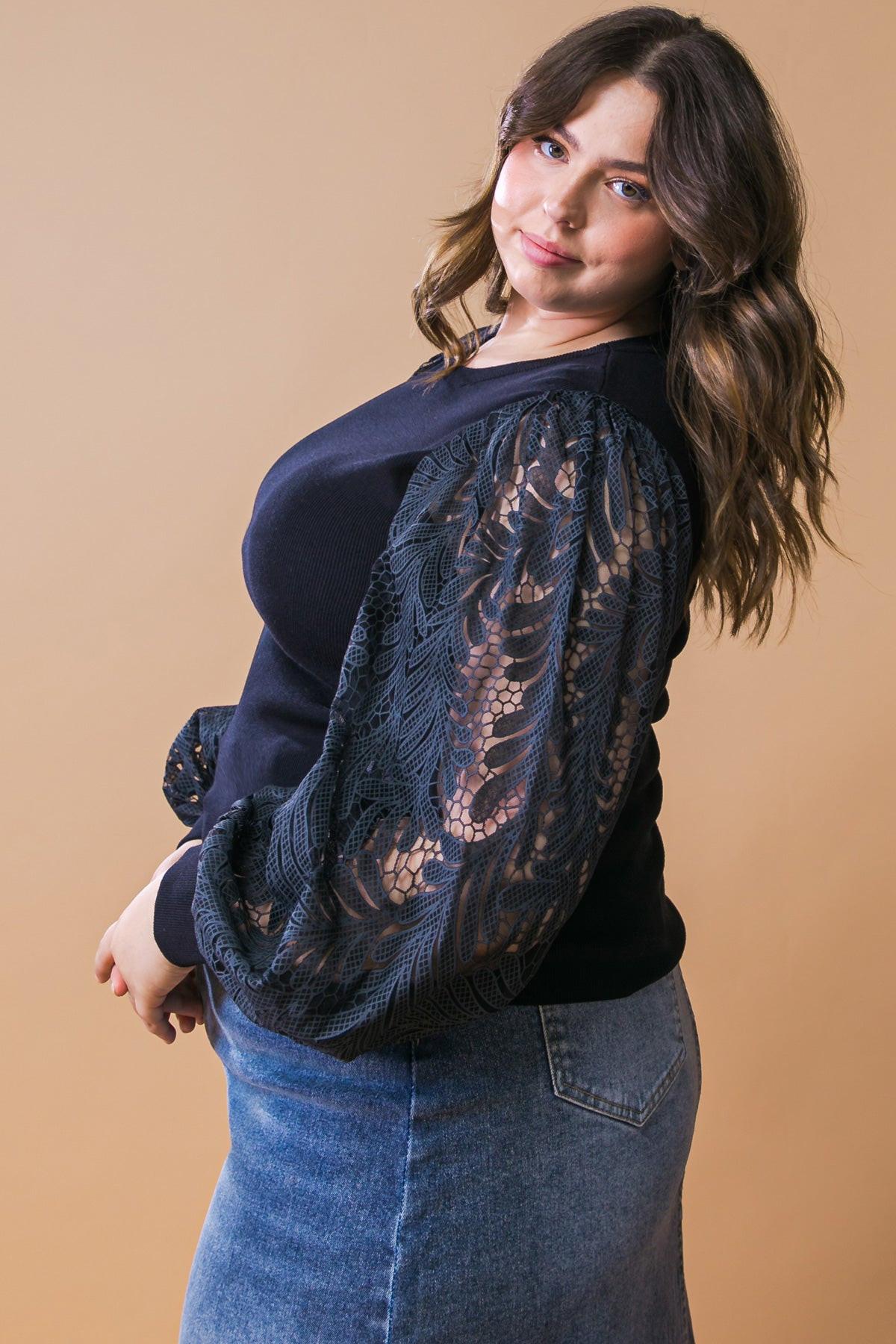 Leisure Life Knit Sweater Top With Round Neckline And Contrasting Puff Sleeves