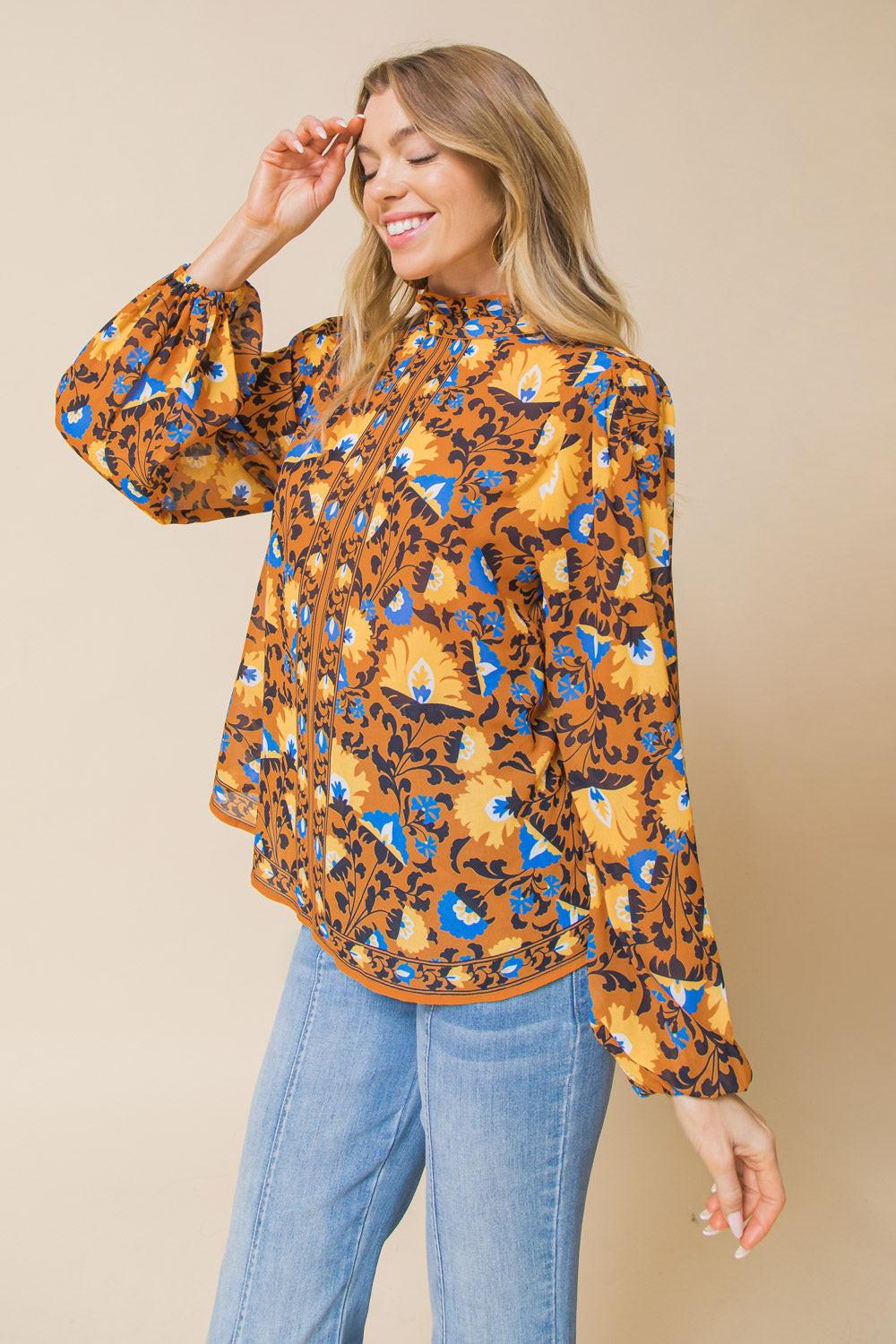 Overthinking It Woven Top With High Neckline And Ruffled Peasant Sleeves