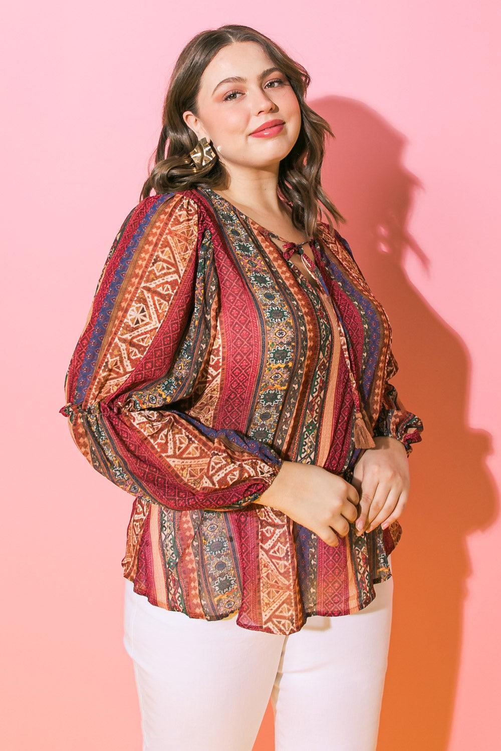 Thrilled For This Woven Top With Printed Peplum And Tassel Tie Polyester Fabric