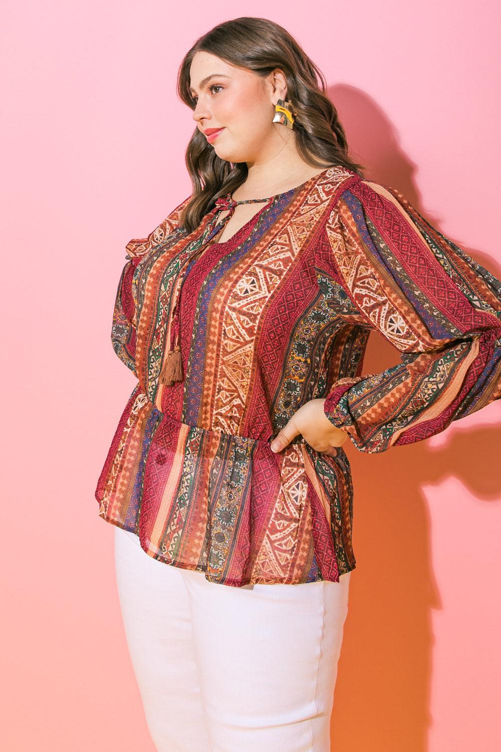 Thrilled For This Woven Top With Printed Peplum And Tassel Tie Polyester Fabric