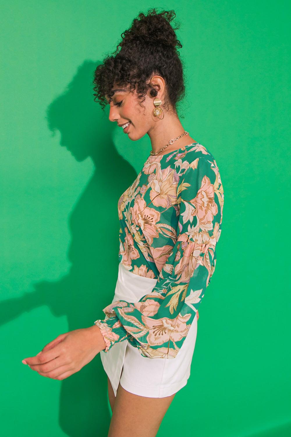 Daybreak Skyline Woven Top Round Neck Shirred Sleeves Back Keyhole Closure