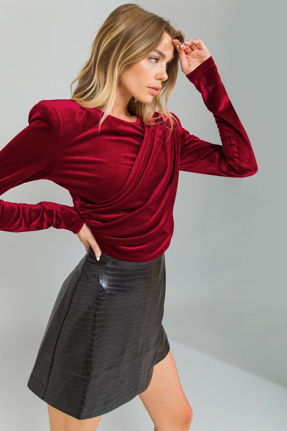 Velvet Crop Top With Long Sleeves Shoulder Padding And Shirred Details