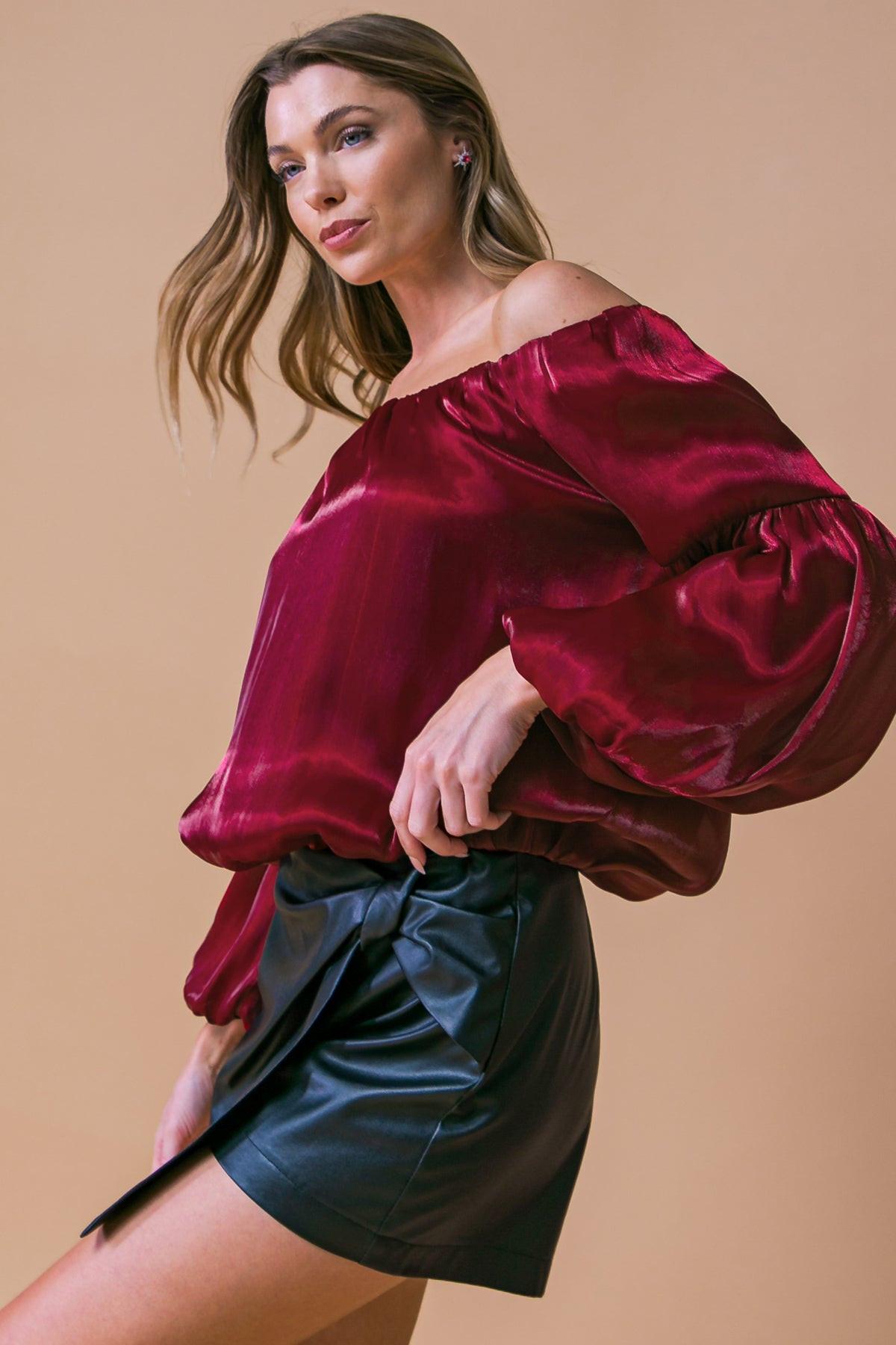 Simply Favored Woven Top Off On Neckline With Lantern Sleeves Elastic Waist