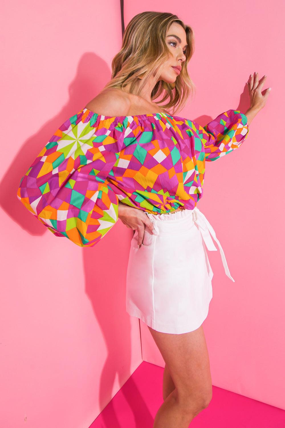 The Flower Fields Woven Top Off Shoulder Peasant Sleeve Printed Poplin