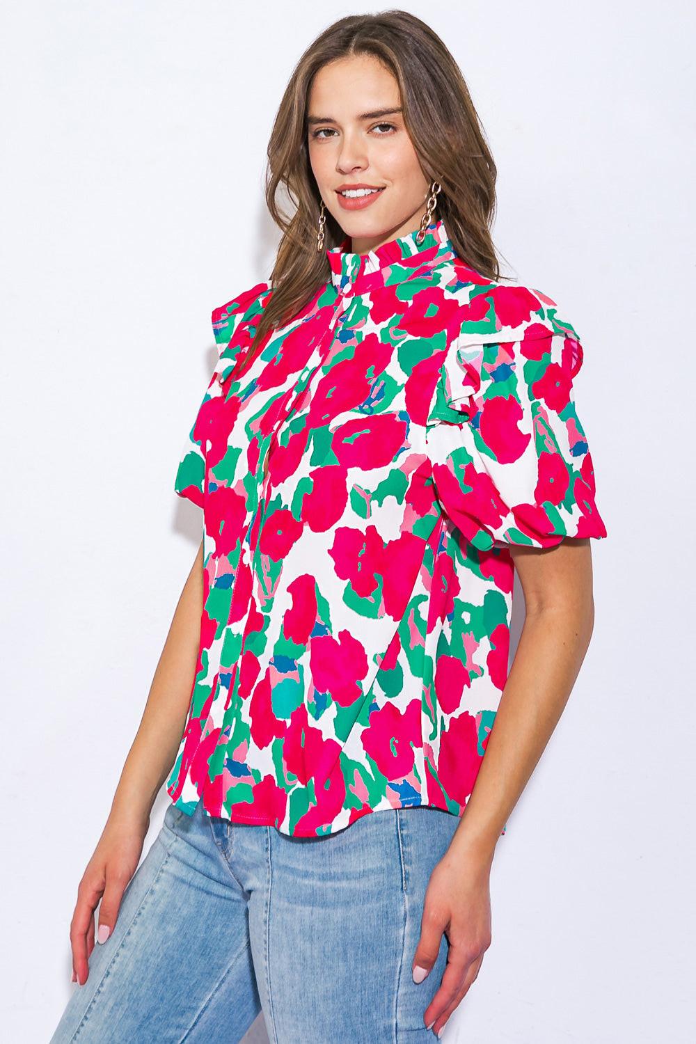 I Can Wait Forever Printed Woven Top With High Ruffled Neckline