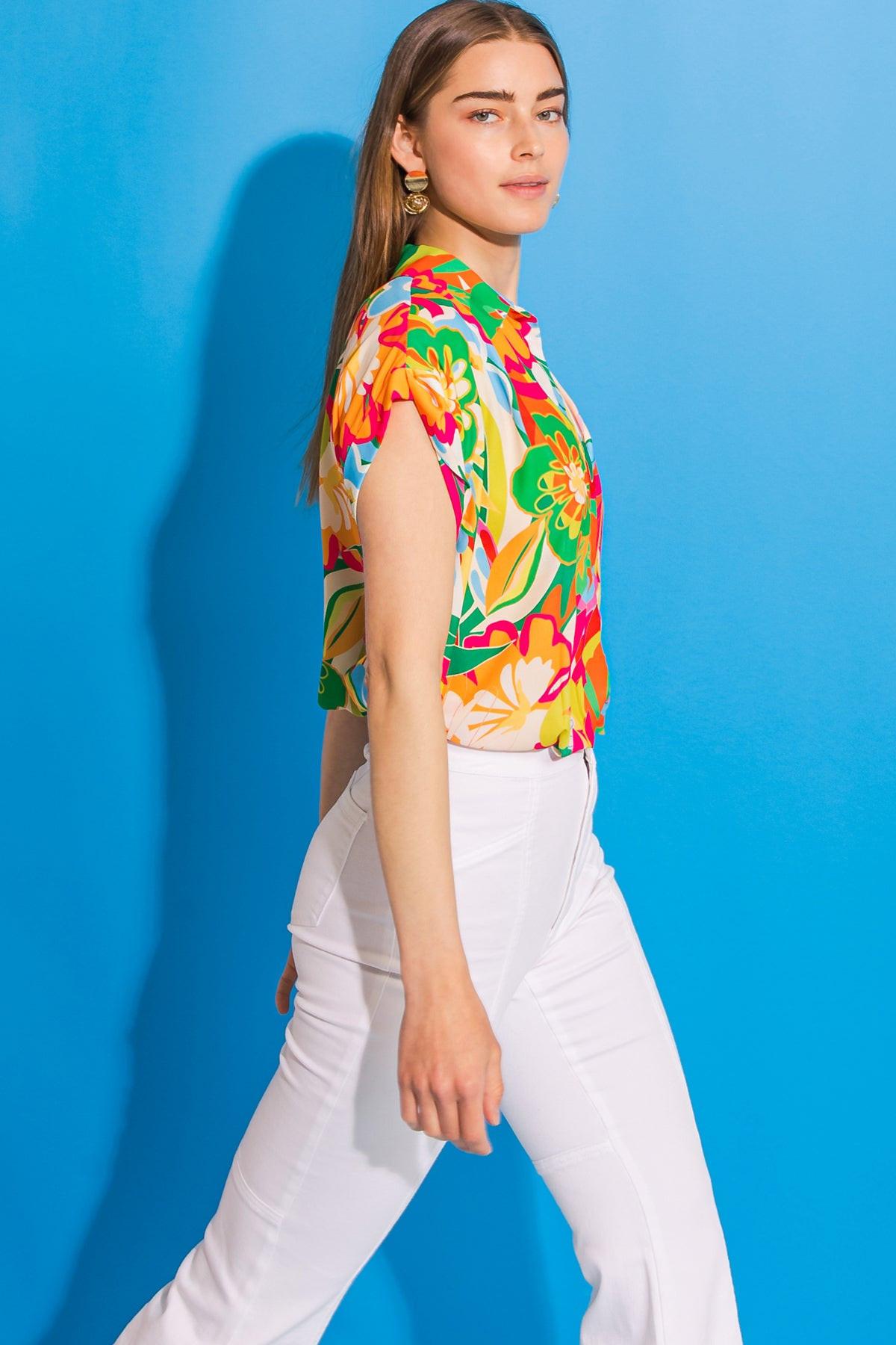 Sweet Dreams Floral Woven Top Lightweight Breathable Shirt Collar V Neck