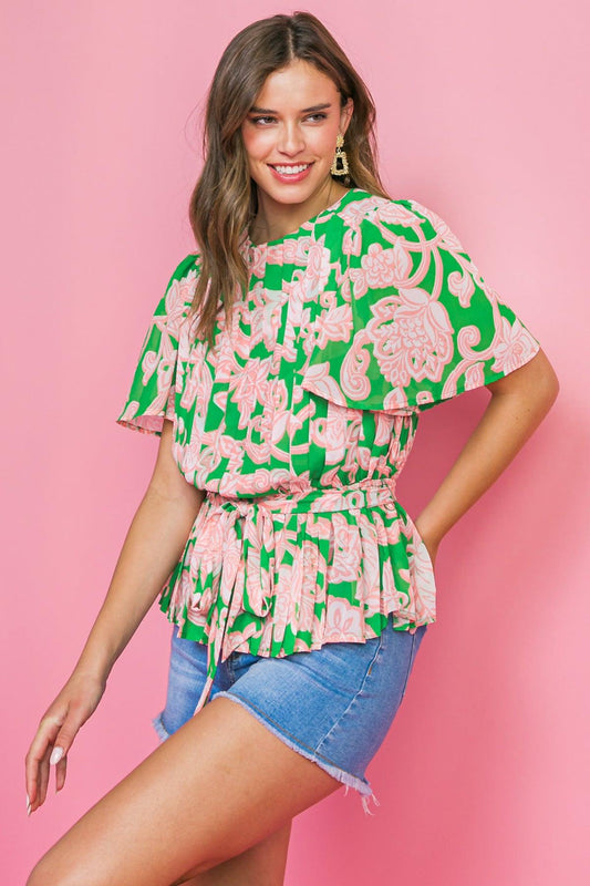 With You Forever Womens Woven Top Round Neck Pleated Flutter Sleeves