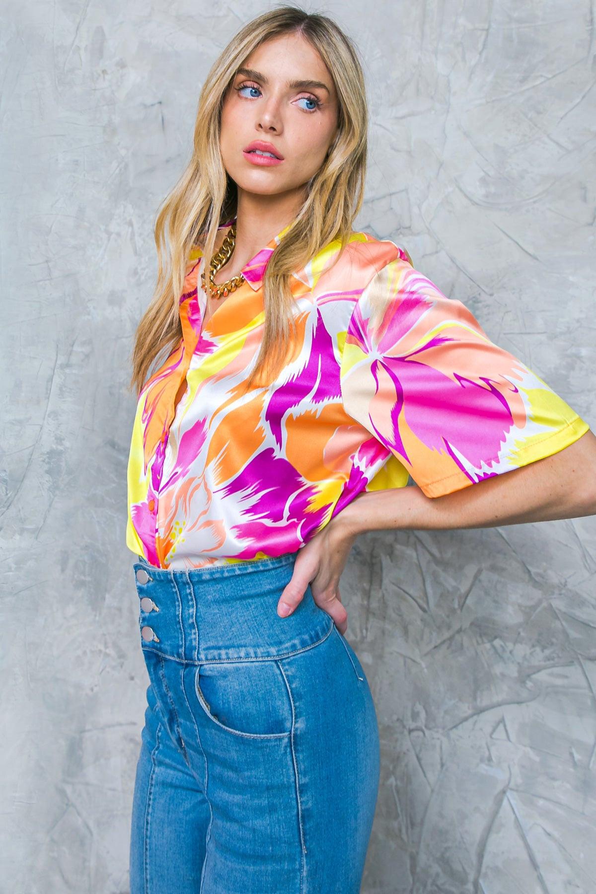 Hello Aroha Satin Printed Woven Top Short Sleeve Button Front Collar