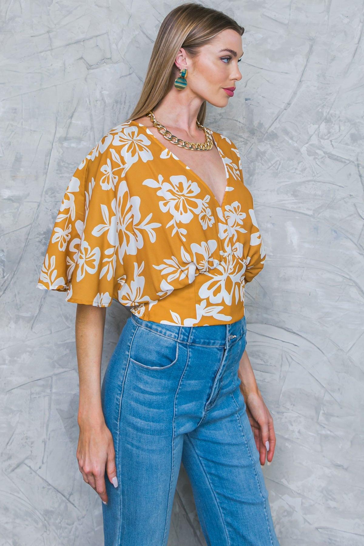 Let The Light In Brown Woven Top With Elbow Sleeves And Smocked Back Waistband