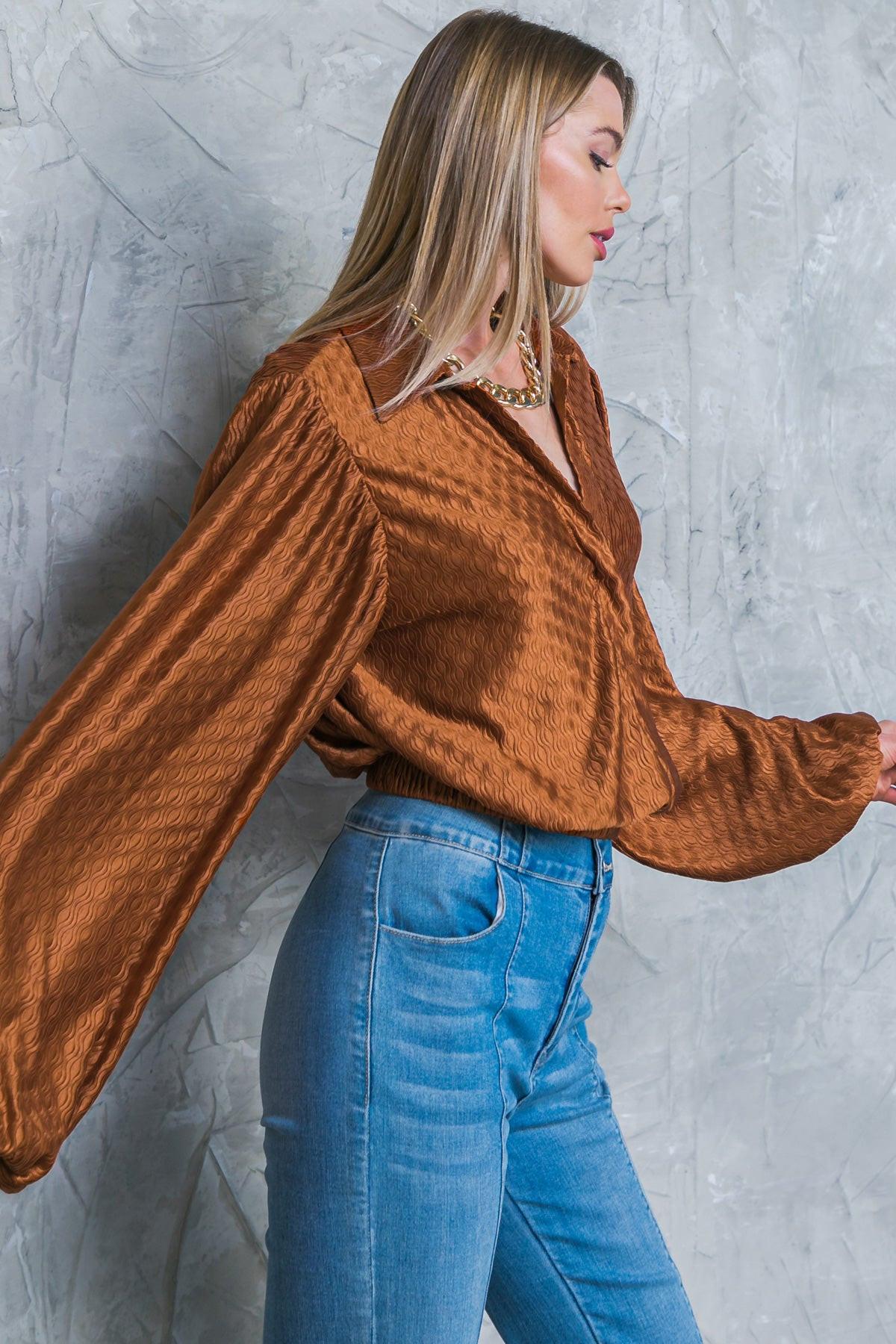 Regal Romance Woven Top with Shirt Collar Long Sleeves Elastic Waist