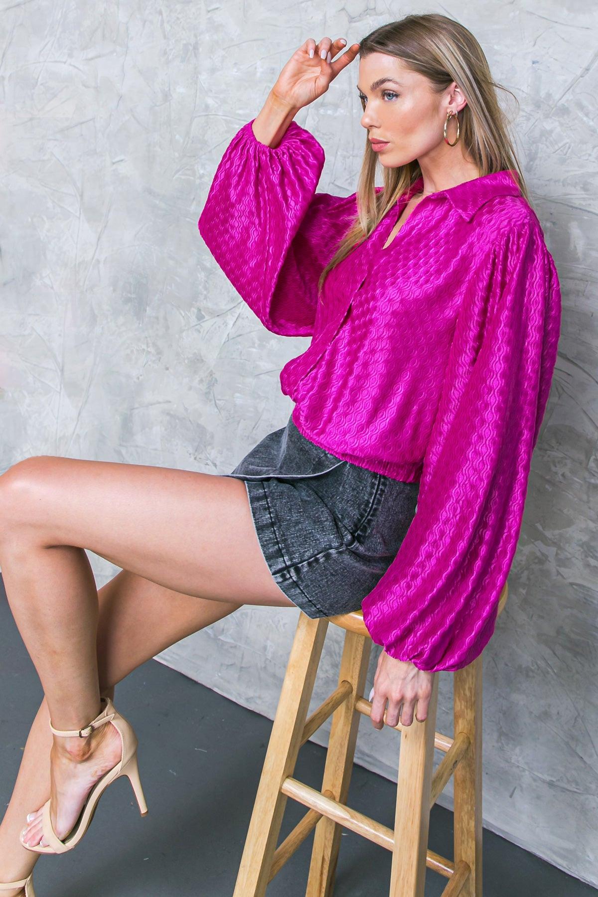 Regal Romance Woven Top with Shirt Collar Long Sleeves Elastic Waist
