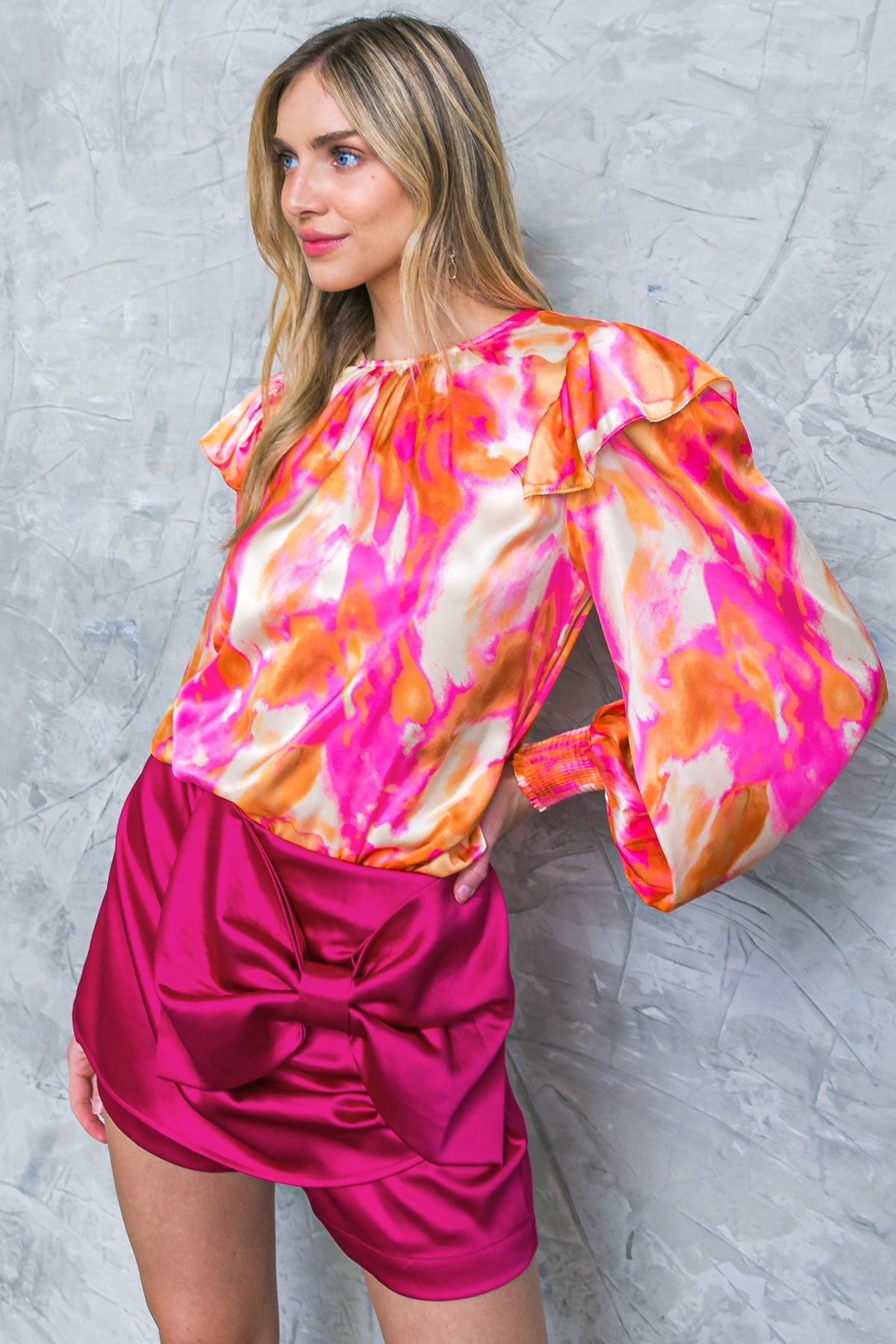 Feeling Spice Woven Top With Round Neckline And Ruffle Shoulder Detail