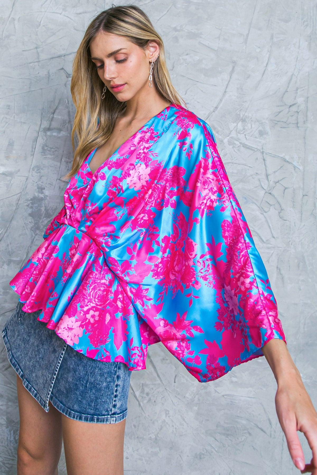 Blue Woven Top With V Neck Pleated Peplum Long Kimono Sleeves