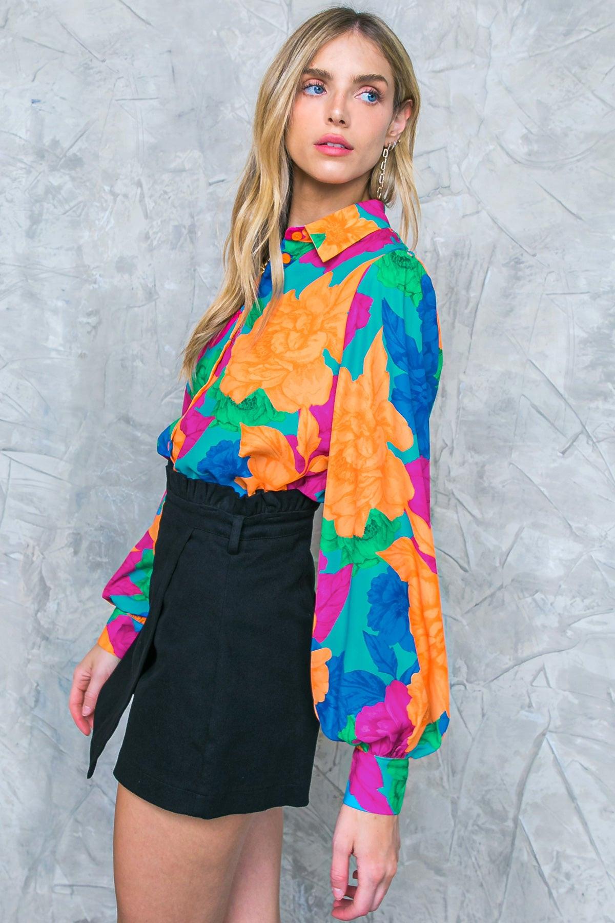 Soul On Fire Woven Top Collared Button Down With Printed Design Long Sleeves