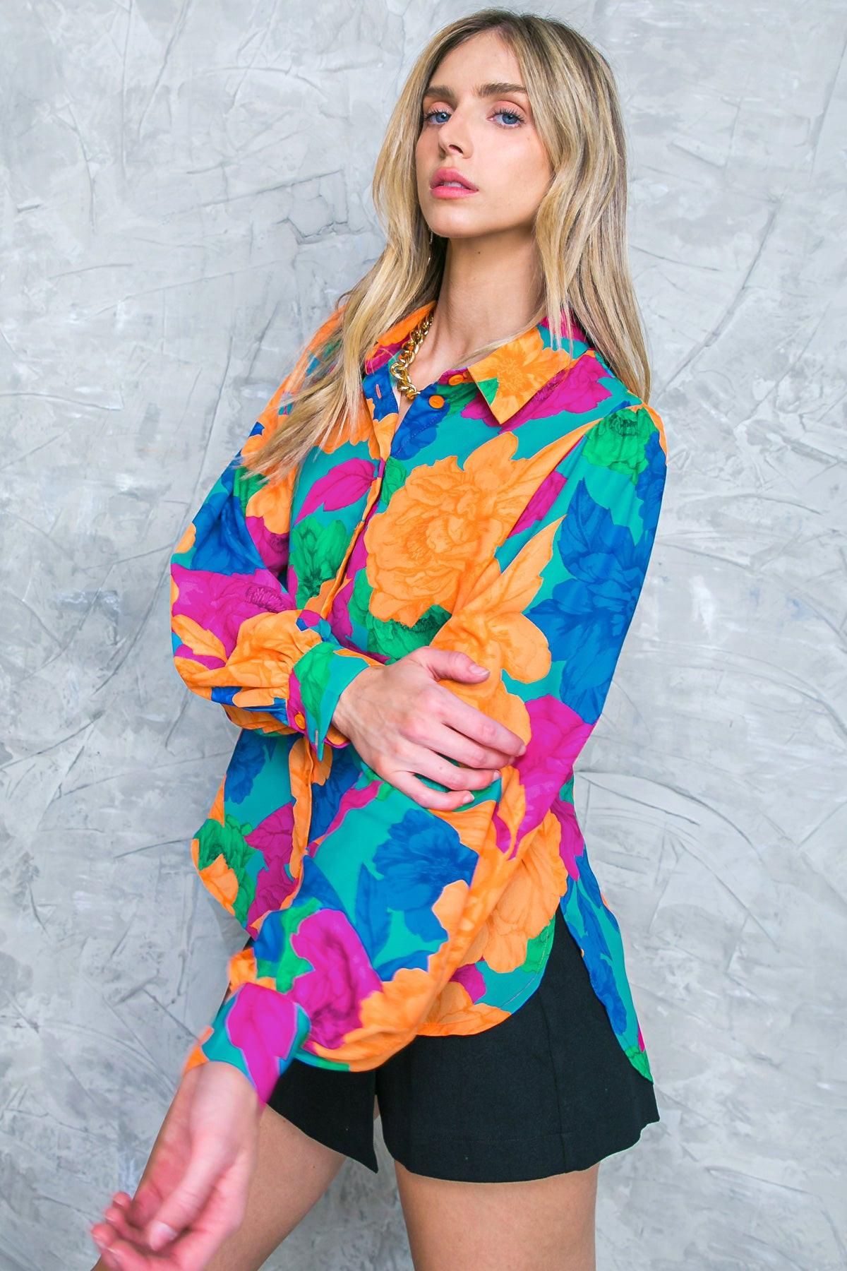 Soul On Fire Woven Top Collared Button Down With Printed Design Long Sleeves