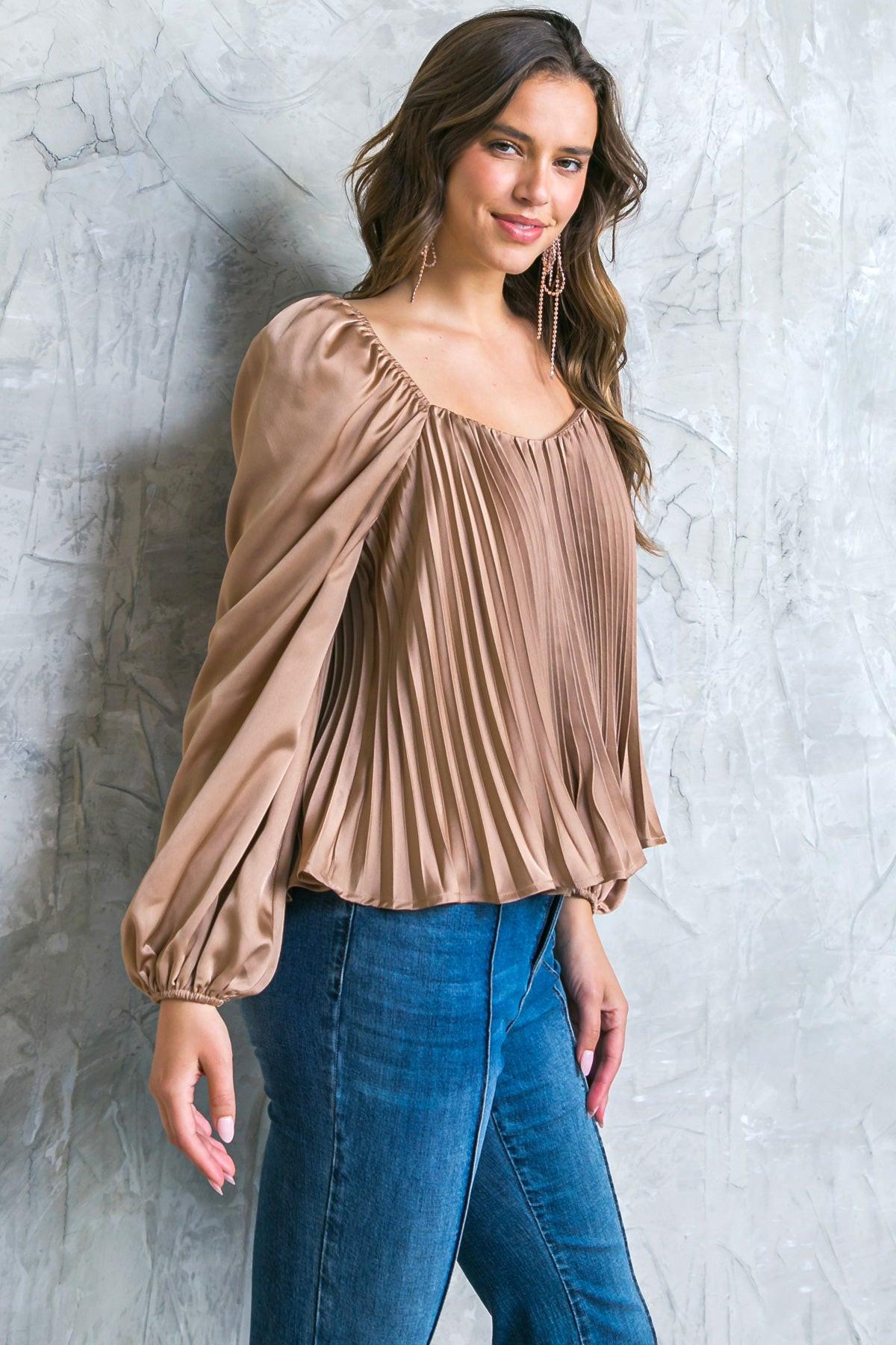 No More Drama Woven Top Long Sleeve Sweetheart Neckline Pleated Bodice Polyester