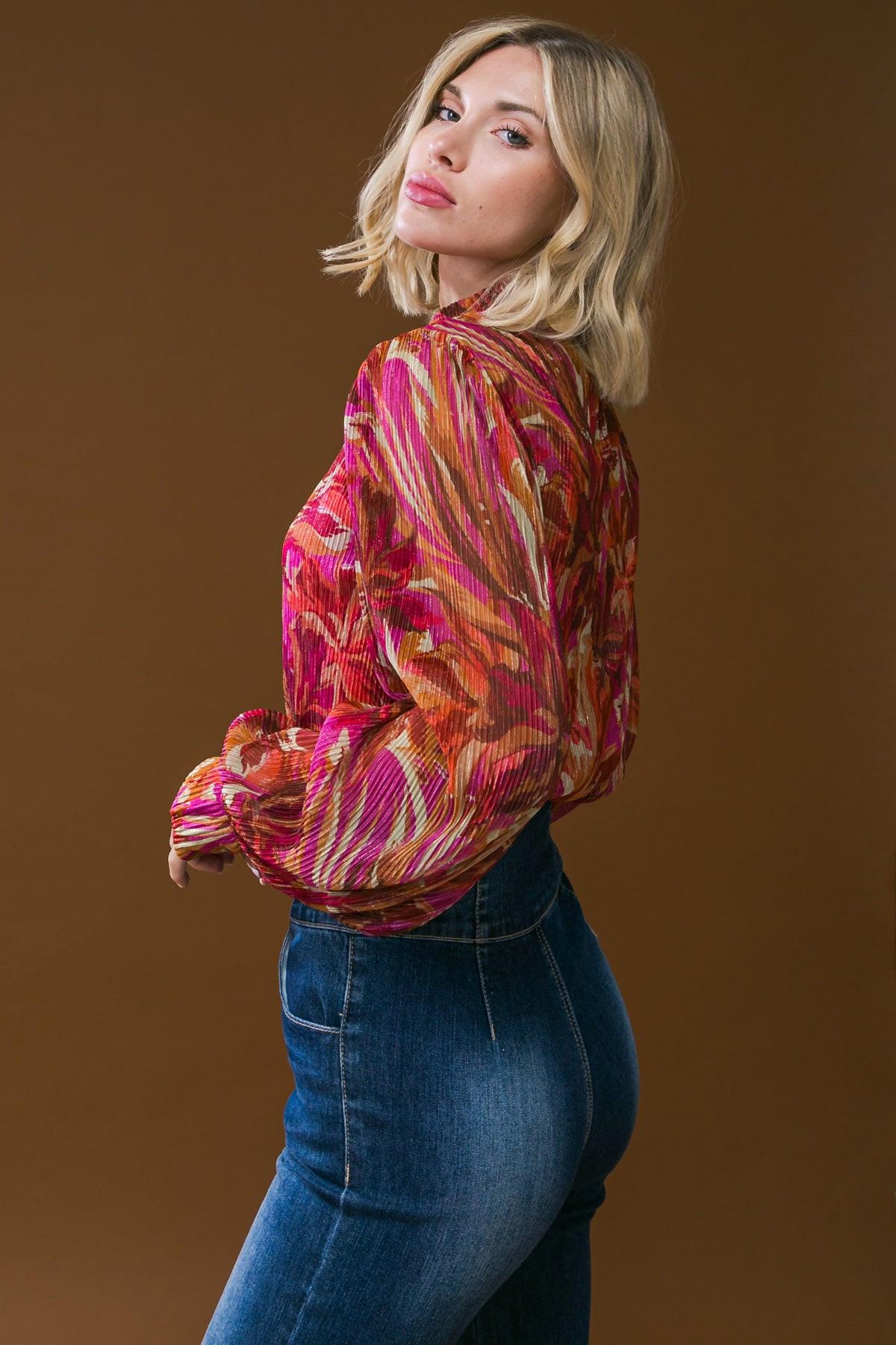 Crushing On You Woven Top High Neck Long Sleeve Cuffs Lightweight Breathable