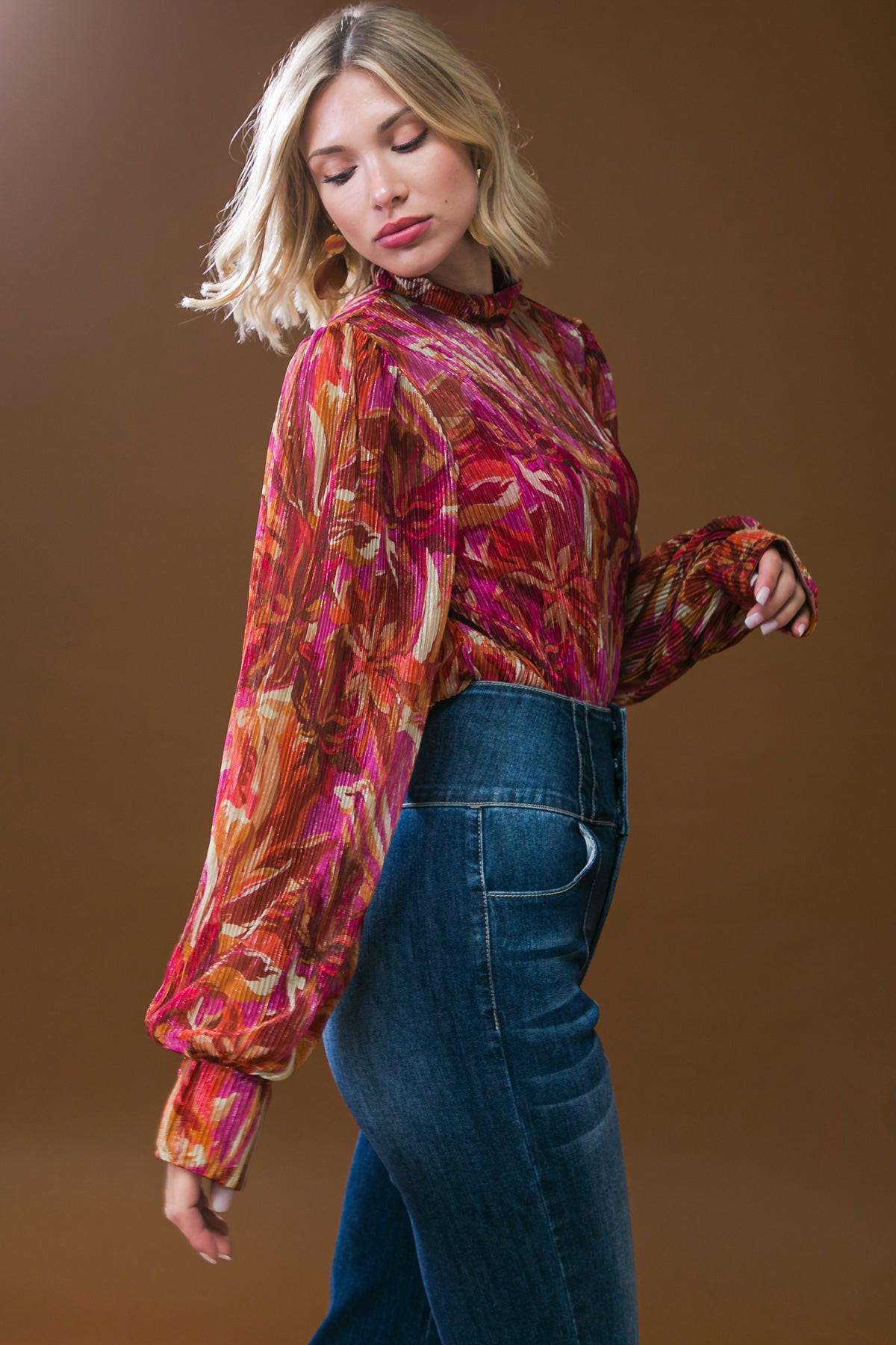Crushing On You Woven Top High Neck Long Sleeve Cuffs Lightweight Breathable