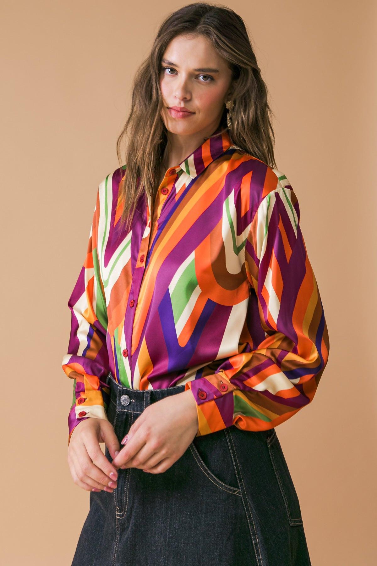 Something Special Printed Woven Top Shirt Collar Button Down And Long Sleeve