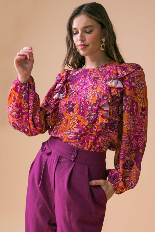 Ready For What's Next Printed Woven Top With Long Sleeve Neckline And Ruffle