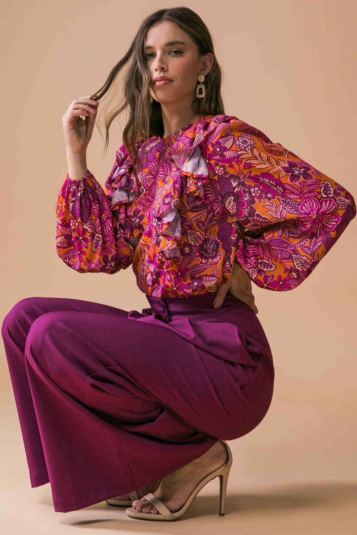Ready For What's Next Printed Woven Top With Long Sleeve Neckline And Ruffle