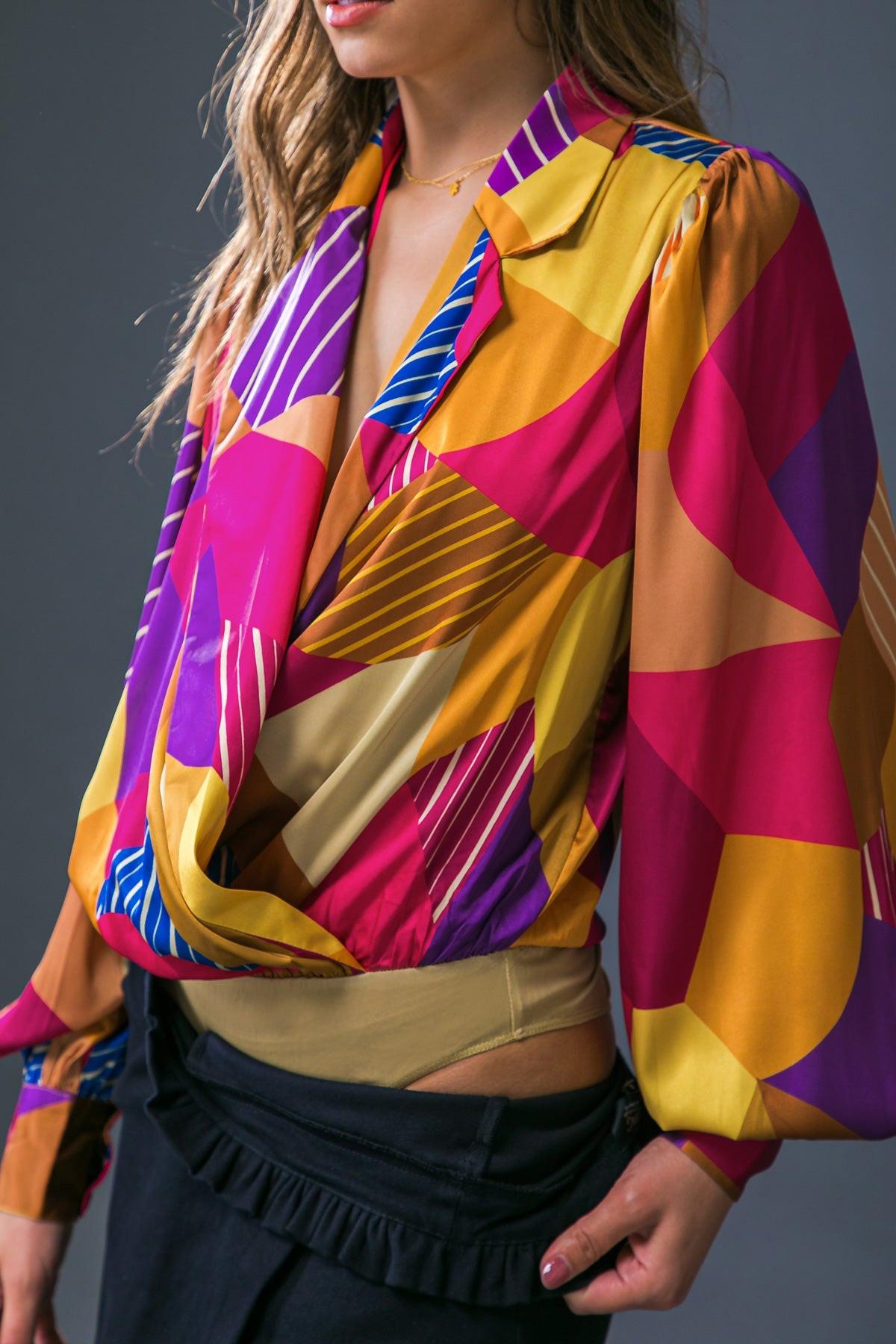 New In Town Woven Bodysuit With Blazer Collar And Surplice Neckline
