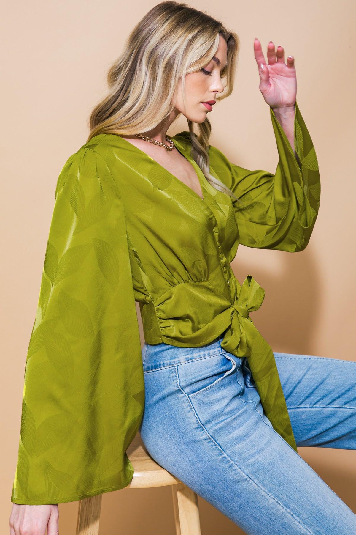 The Right Addition Jacquard Woven Top With Button Down And V Neckline