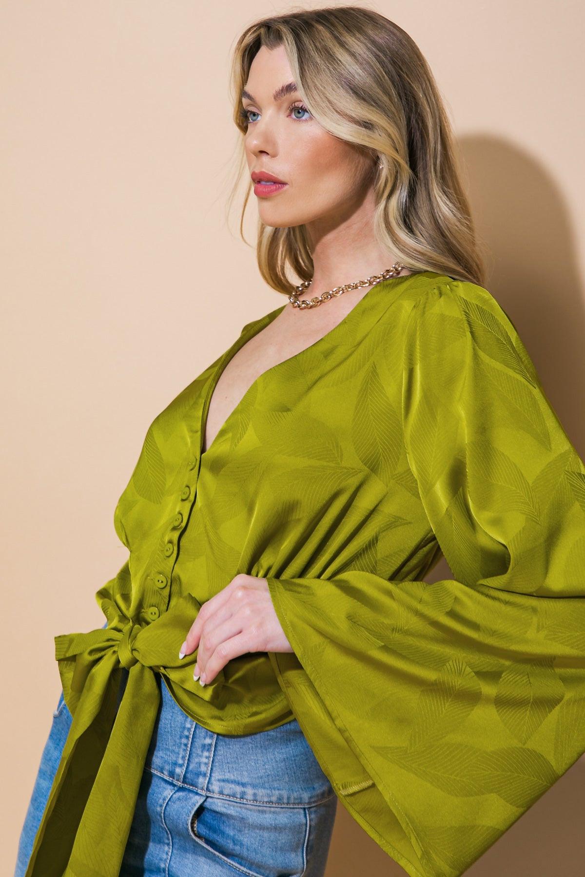 The Right Addition Jacquard Woven Top With Button Down And V Neckline