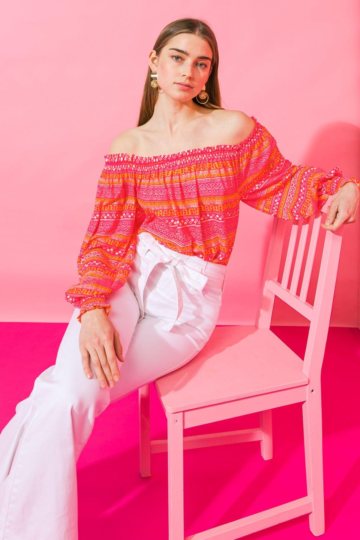 Cosmo Please Woven Top Off Shoulder Printed Lightweight Spring Top Smocked Cuff