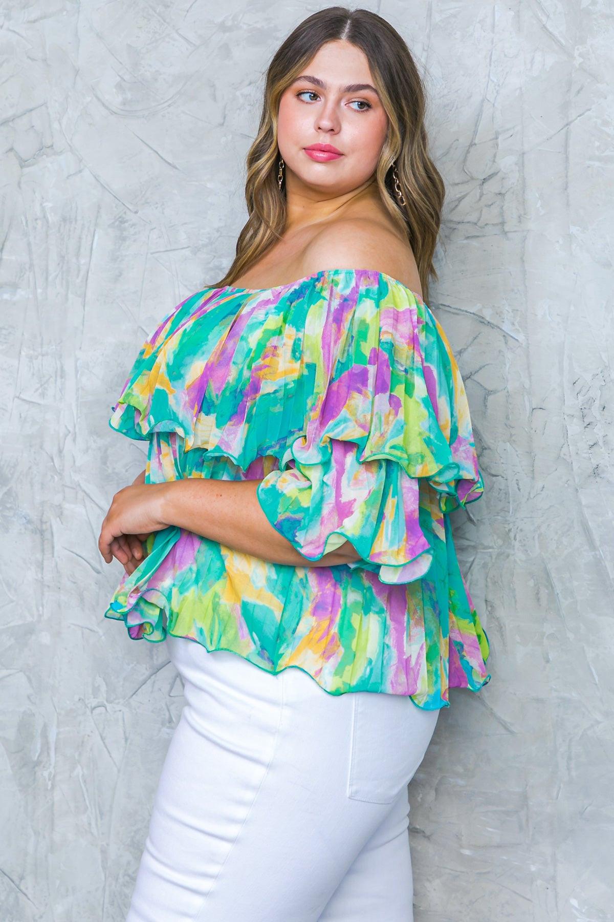Magnolia Santa Caterina Woven Top Off Shoulder Flounce Pleated Bodice