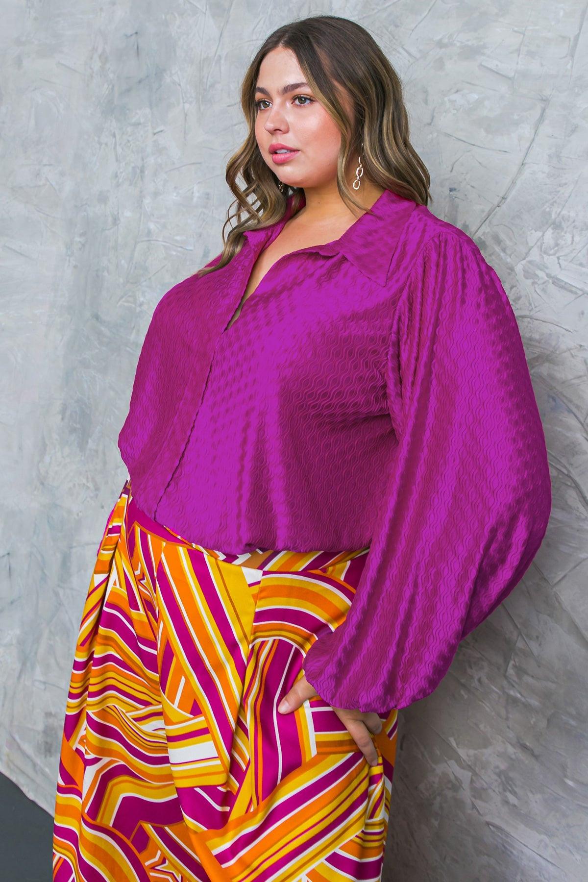Regal Romance Woven Top with Shirt Collar Long Sleeves Elastic Waist