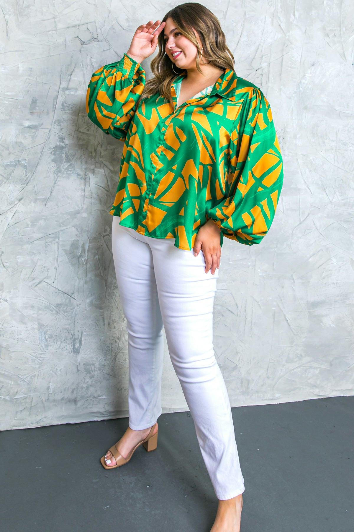 Always About You Woven Top With Shirt Collar V Neck Smocked Cuffs Elastic Waist